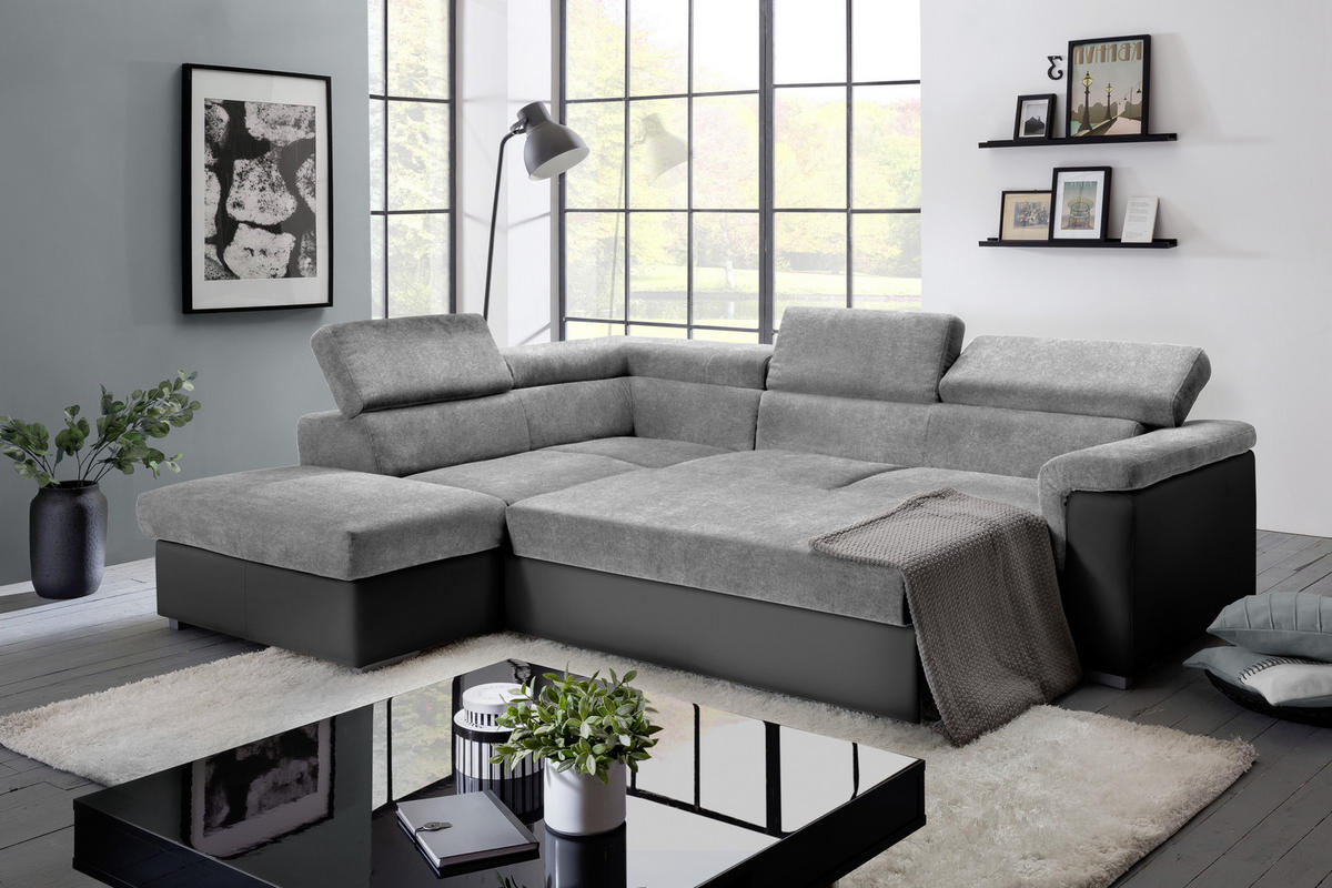 ECKSOFA Grau, Schwarz Lederlook, Flachgewebe  - Schwarz/Grau, Basics, Holz/Textil (217/252cm) - MID.YOU