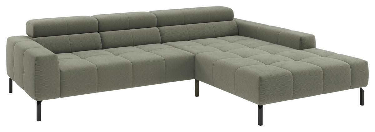 ECKSOFA Graugrün Feincord Rücken echt, Kopfteilverstellung, Sitztiefenverstellung  - Schwarz/Graugrün, KONVENTIONELL, Textil/Metall (293/226cm) - Hom`in