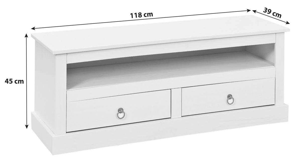 KOMODA POD TELEVIZI, borovice, bílá, 118/45/39 cm - bílá/černá, Konvenční, kov/dřevo (118/45/39cm) - MID.YOU