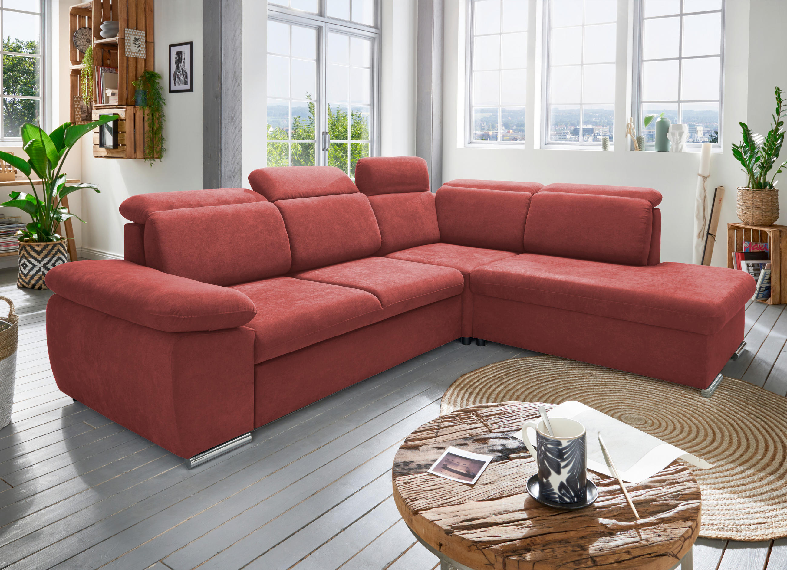 ECKSOFA Mikrofaser Rot  - Chromfarben/Rot, Design, Textil/Metall (283/228cm) - Livetastic