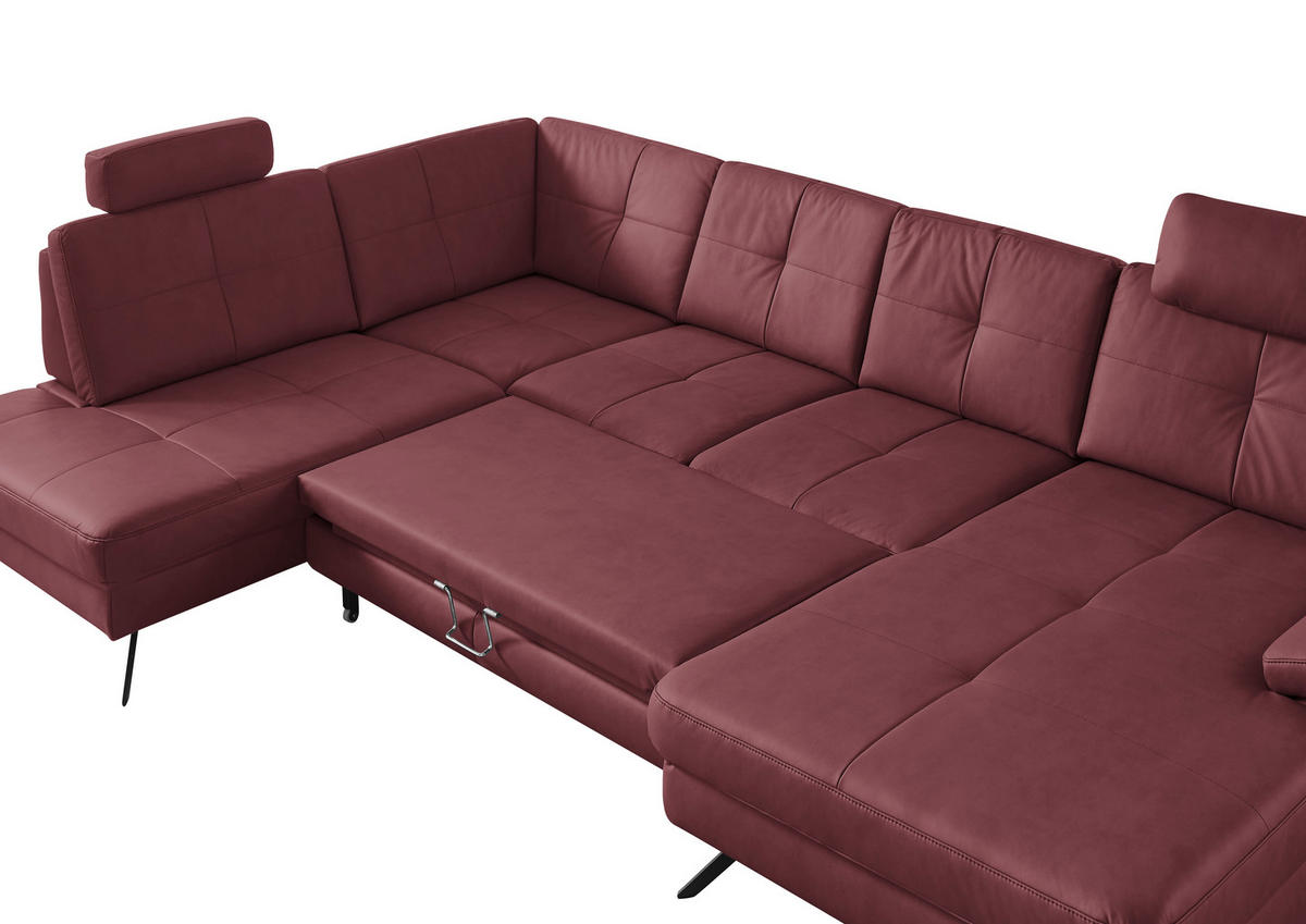 WOHNLANDSCHAFT in Lederlook, Mikrofaser Bordeaux  - Bordeaux/Schwarz, Design, Textil/Metall (220/345/179cm) - Beldomo System