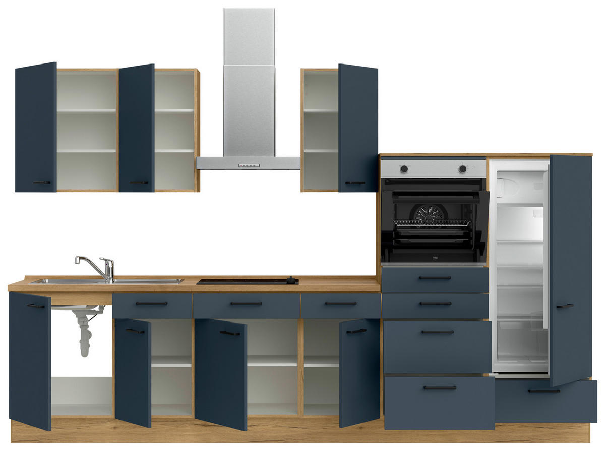 KÜCHENBLOCK Easytouch 330 cm  in Blau, Eichefarben  - Blau/Eichefarben, MODERN, Holzwerkstoff/Metall (330cm) - Nobilia