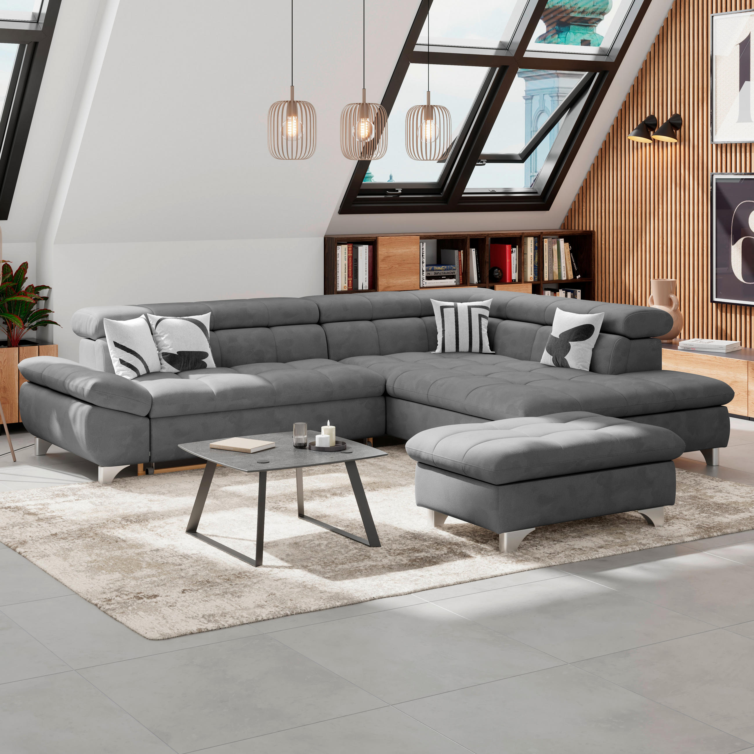 HOCKER Chenille Dunkelgrau  - Chromfarben/Dunkelgrau, KONVENTIONELL, Textil/Metall (108/46/108cm) - Livetastic