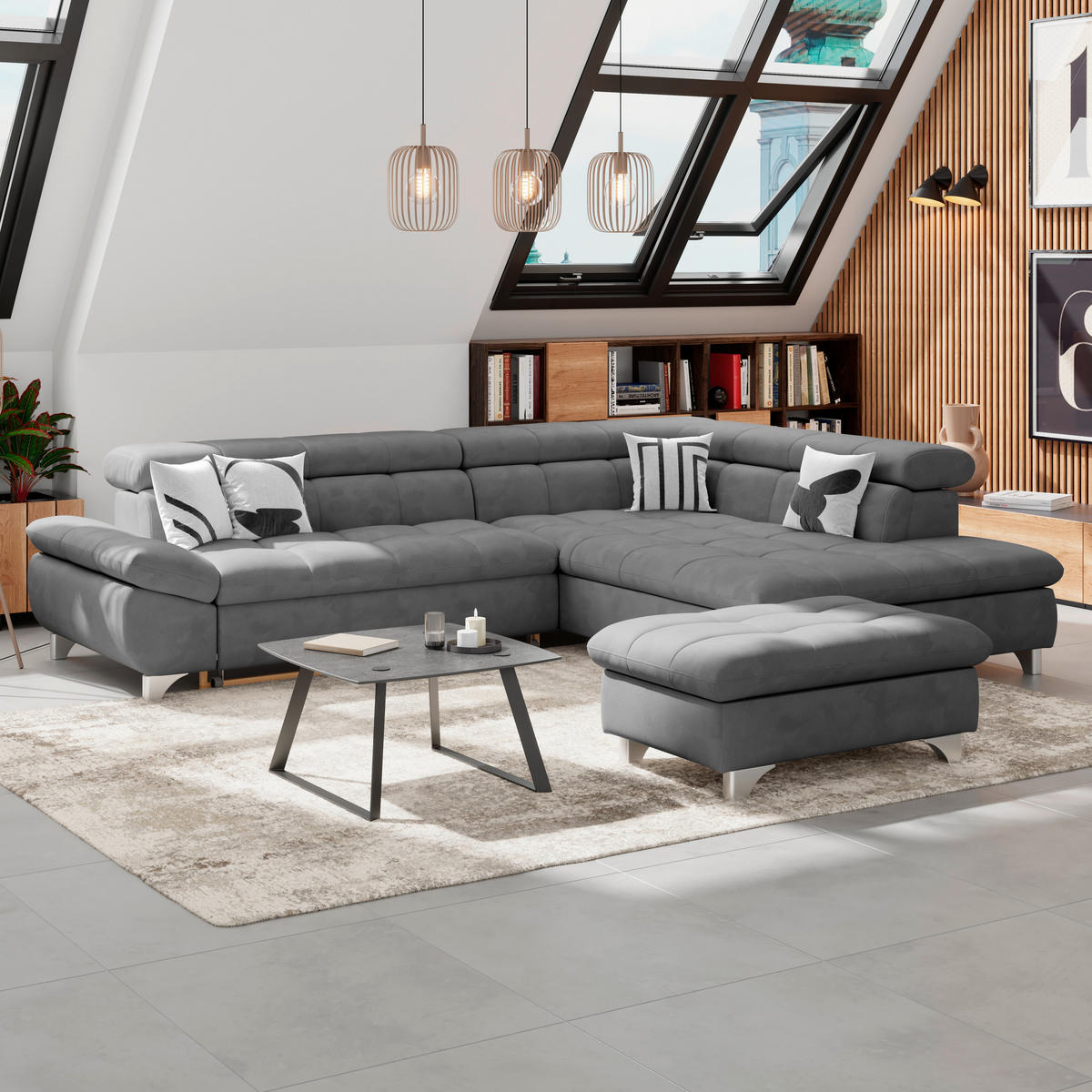 ECKSOFA Dunkelgrau Chenille  - Chromfarben/Dunkelgrau, KONVENTIONELL, Textil/Metall (312/234cm) - Livetastic
