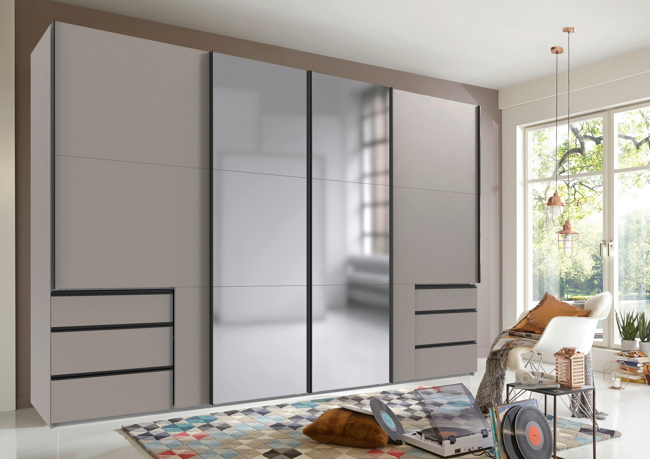 SCHWEBETÜRENSCHRANK 350/216/65 cm 4-türig Sahara  - Schwarz/Sahara, Basics, Glas/Holzwerkstoff (350/216/65cm) - MID.YOU