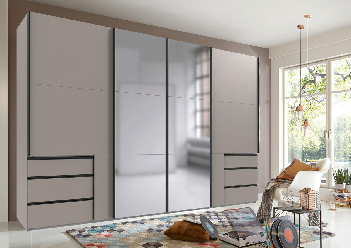 SCHWEBETÜRENSCHRANK 350/216/65 cm 4-türig Sahara  - Schwarz/Sahara, Basics, Glas/Holzwerkstoff (350/216/65cm) - MID.YOU