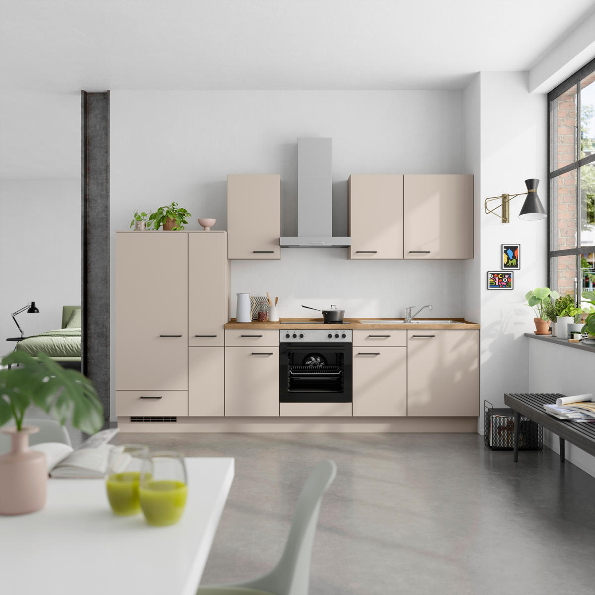 KÜCHENLEERBLOCK 300 cm   in Eichefarben, Sandfarben  - Sandfarben/Eichefarben, MODERN, Holzwerkstoff/Metall (300cm) - Nobilia