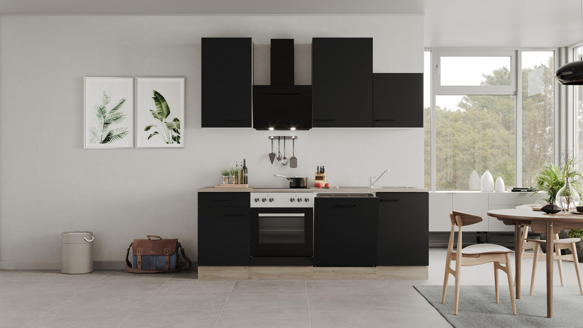 KUCHYŇSKÁ LINKA CAPRI 220 - černá/barvy dubu, Moderní, kov/kompozitní dřevo (220cm) - FlexWell