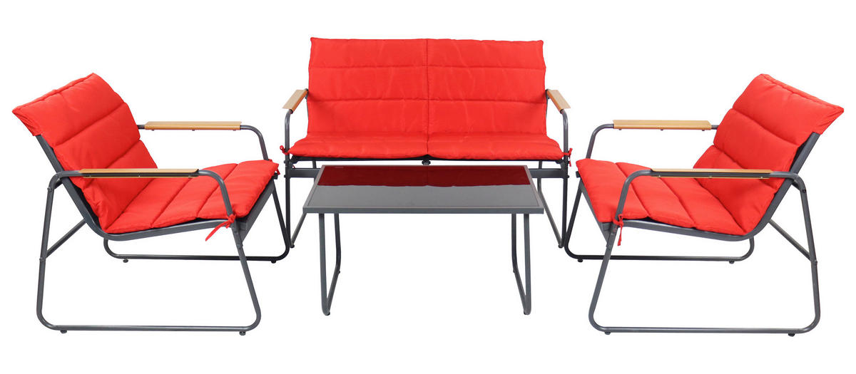 LOUNGEGARNITUR 4-teilig    - Anthrazit/Rot, Modern, Glas/Kunststoff - Gardenson