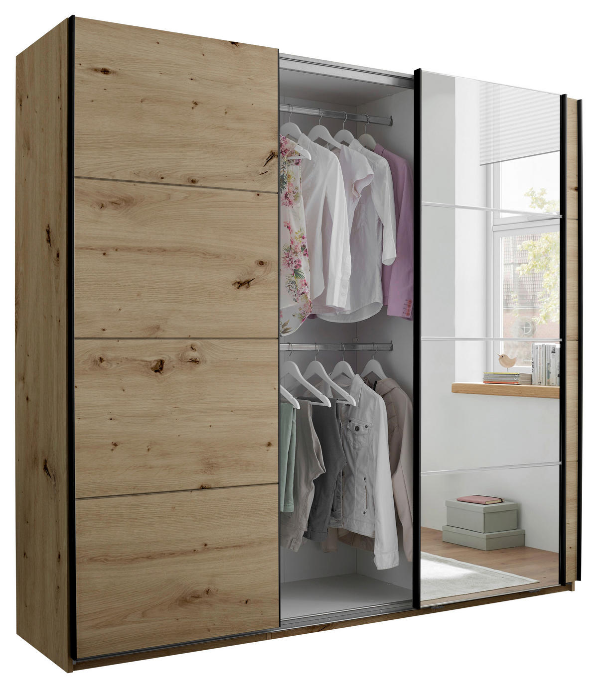 SCHWEBETÜRENSCHRANK 215/204/60 cm 3-türig Eiche Artisan  - Schwarz/Eiche Artisan, KONVENTIONELL, Glas/Holzwerkstoff (215/204/60cm) - Boxxx