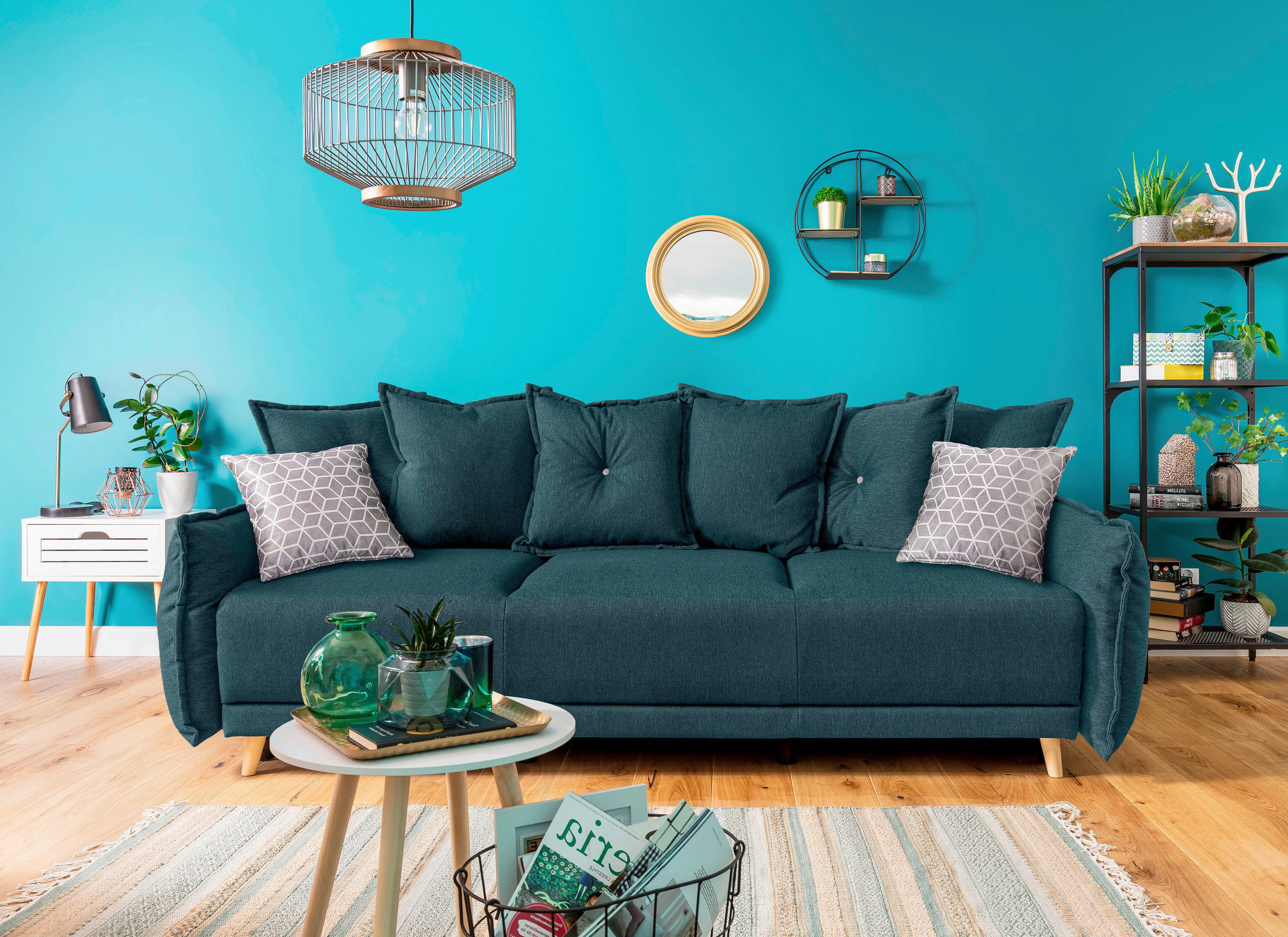 SCHLAFSOFA Webstoff Petrol - Türkis/Beige, Basics, Holz/Textil (230/80/100cm) - MID.YOU
