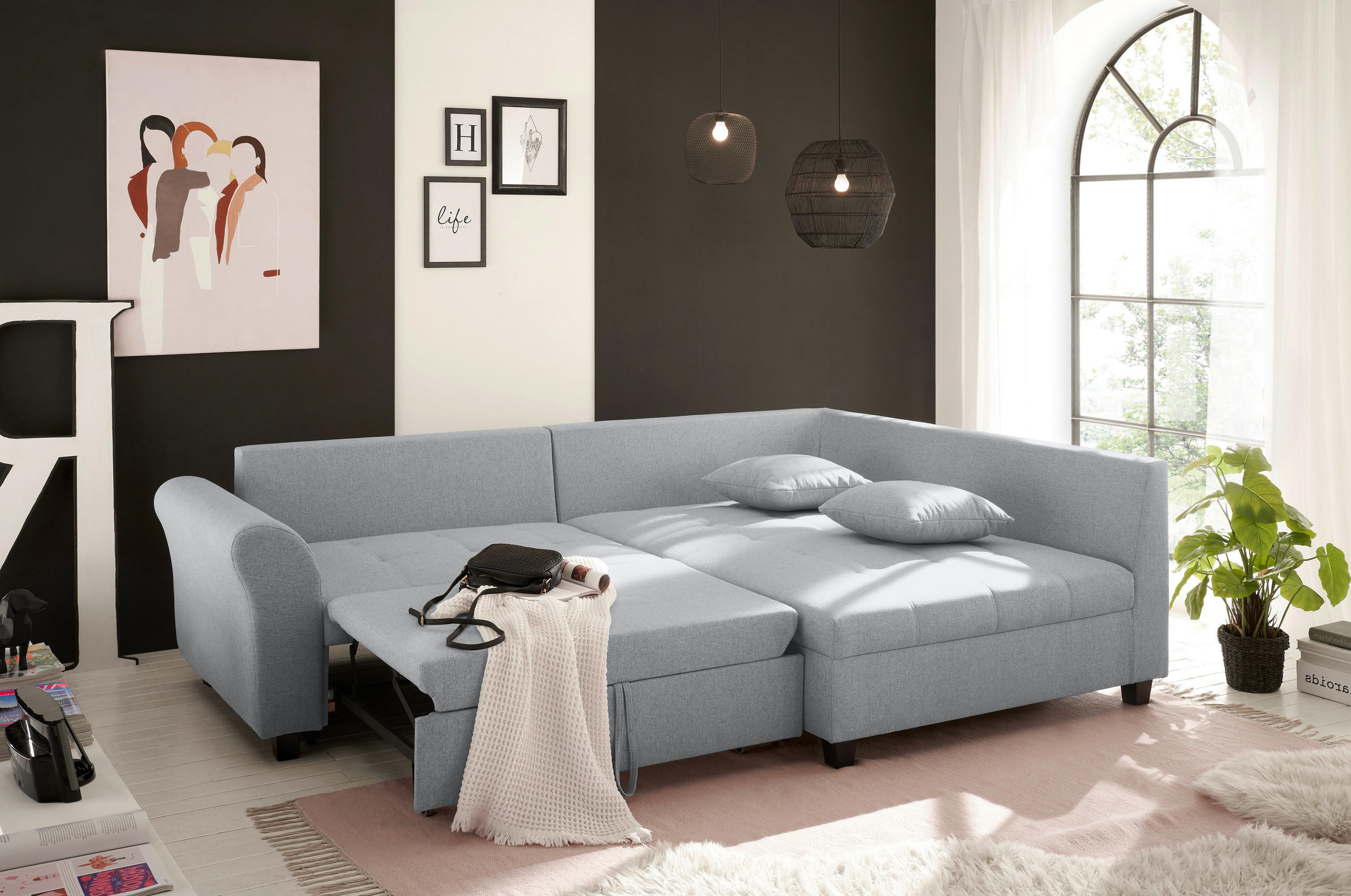 ECKSOFA Grau Webstoff  - Schwarz/Grau, MODERN, Kunststoff/Textil (252/175cm) - Livetastic