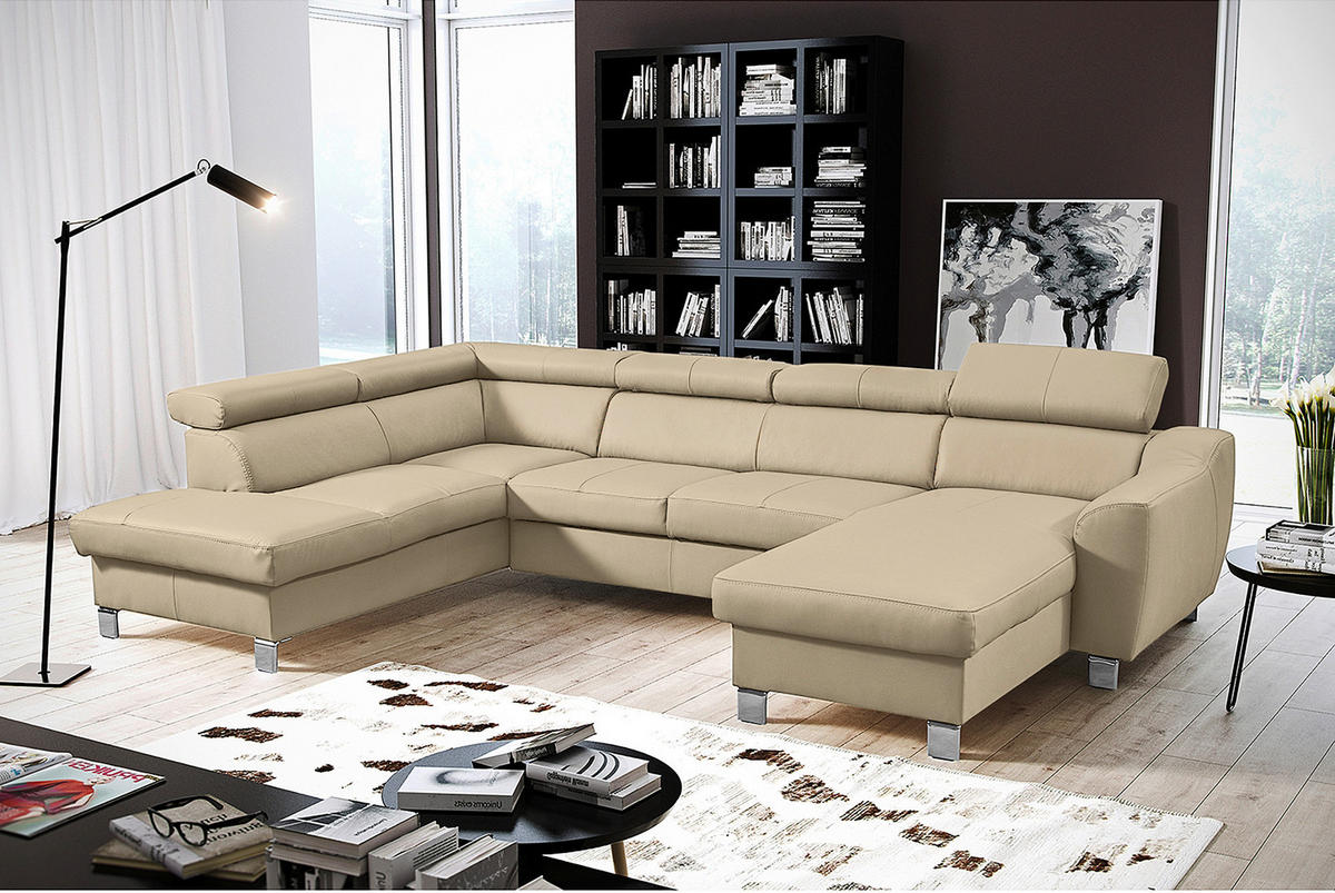 WOHNLANDSCHAFT  in Lederlook Echtleder Beige  - Chromfarben/Beige, Design, Leder/Textil (208/315/175cm) - Livetastic