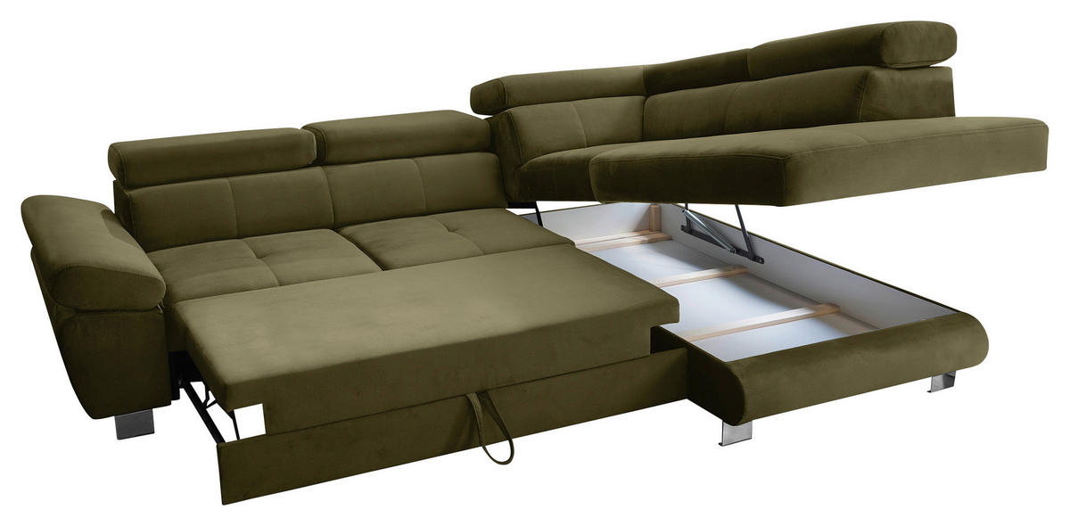 ECKSOFA Grün Webstoff Bettkasten, Schlaffunktion, Rücken echt, Armteilverstellung, Kopfteilverstellung  - Chromfarben/Grün, MODERN, Textil/Metall (278/205cm) - Stylife