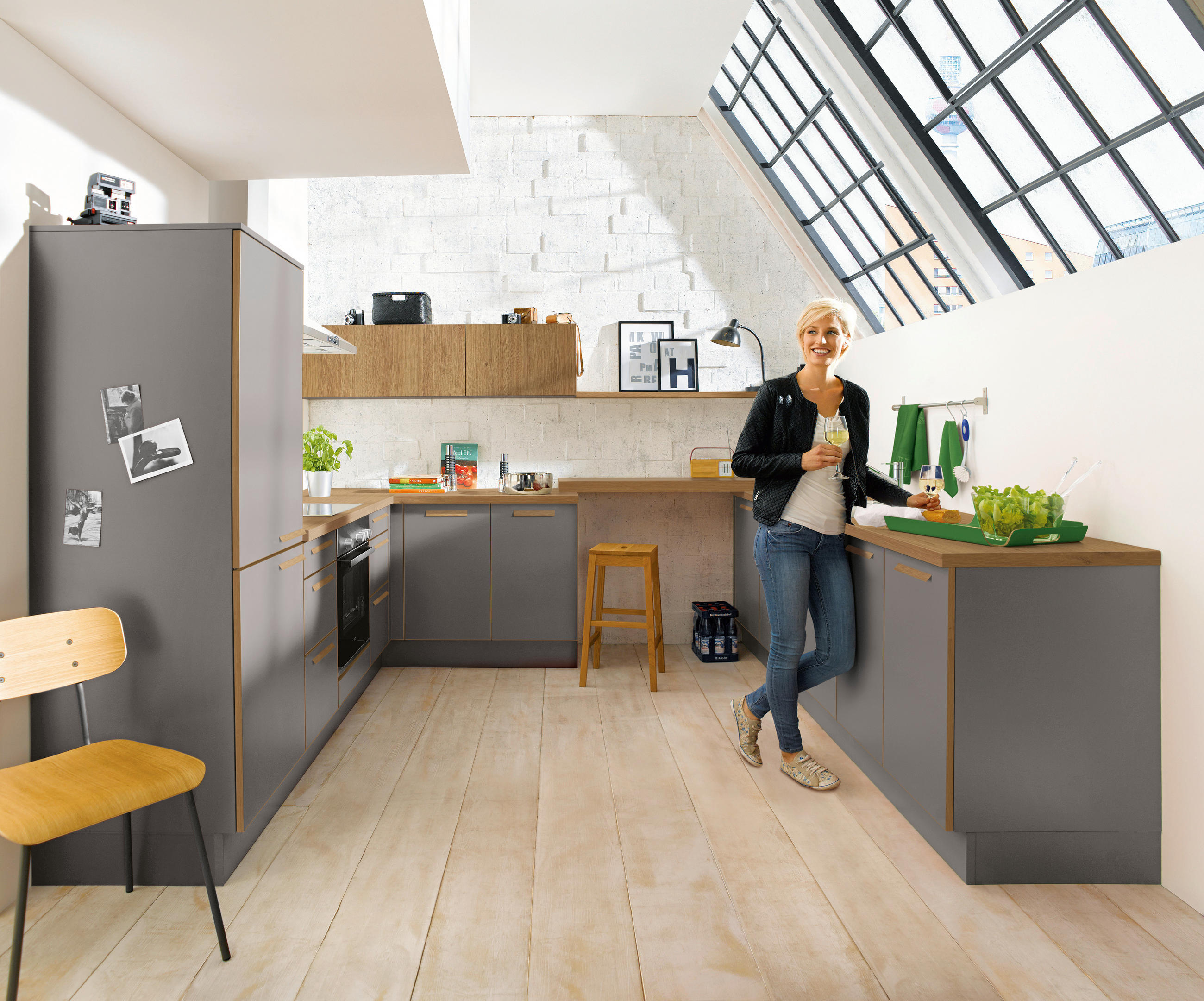 EINBAUKÜCHE STEVEN  - Eichefarben/Grau, Design, Holzwerkstoff - Novel