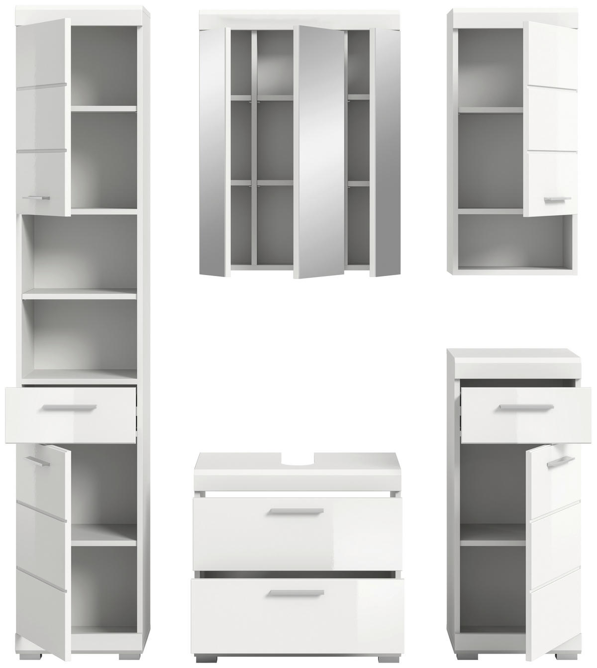 BADEZIMMER 5-teilig  in 134 cm  - Weiß Hochglanz/Silberfarben, MODERN, Glas/Holzwerkstoff (134cm) - MID.YOU