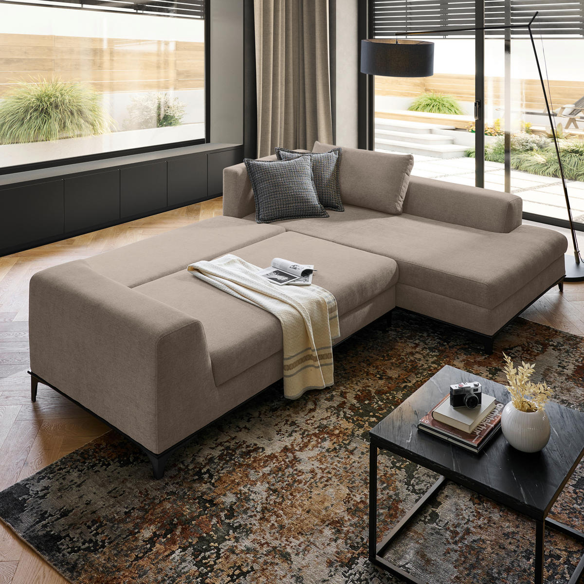 ECKSOFA inkl. Funktionen Greige Webstoff  inkl. Rückenkissen, Bettkasten, Schlaffunktion, Rücken echt  - Wengefarben/Greige, Design, Holz/Textil (314/211cm) - Stylife