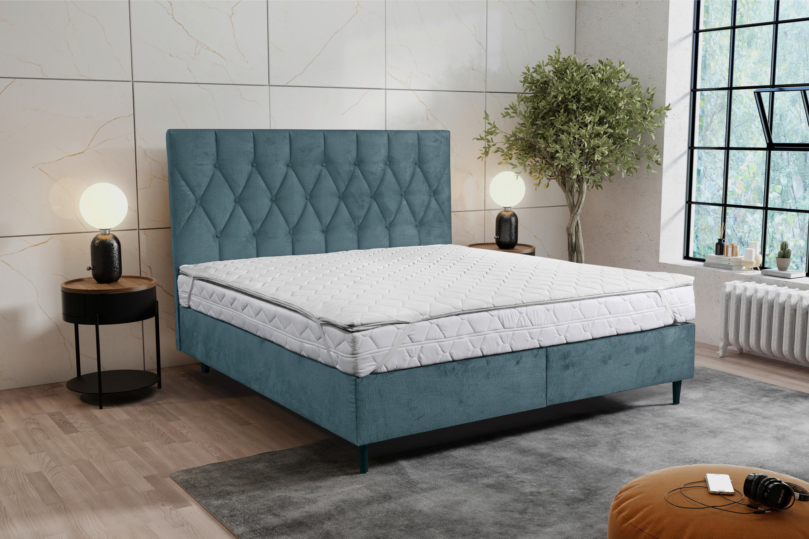 Thumbnail - home24 Boxbett, Grau, Textil, H2, Höhe ca. 18 cm, 180x200 cm, Bettkasten, Federkernmatratze, Topper geteilt, Schlafzimme...