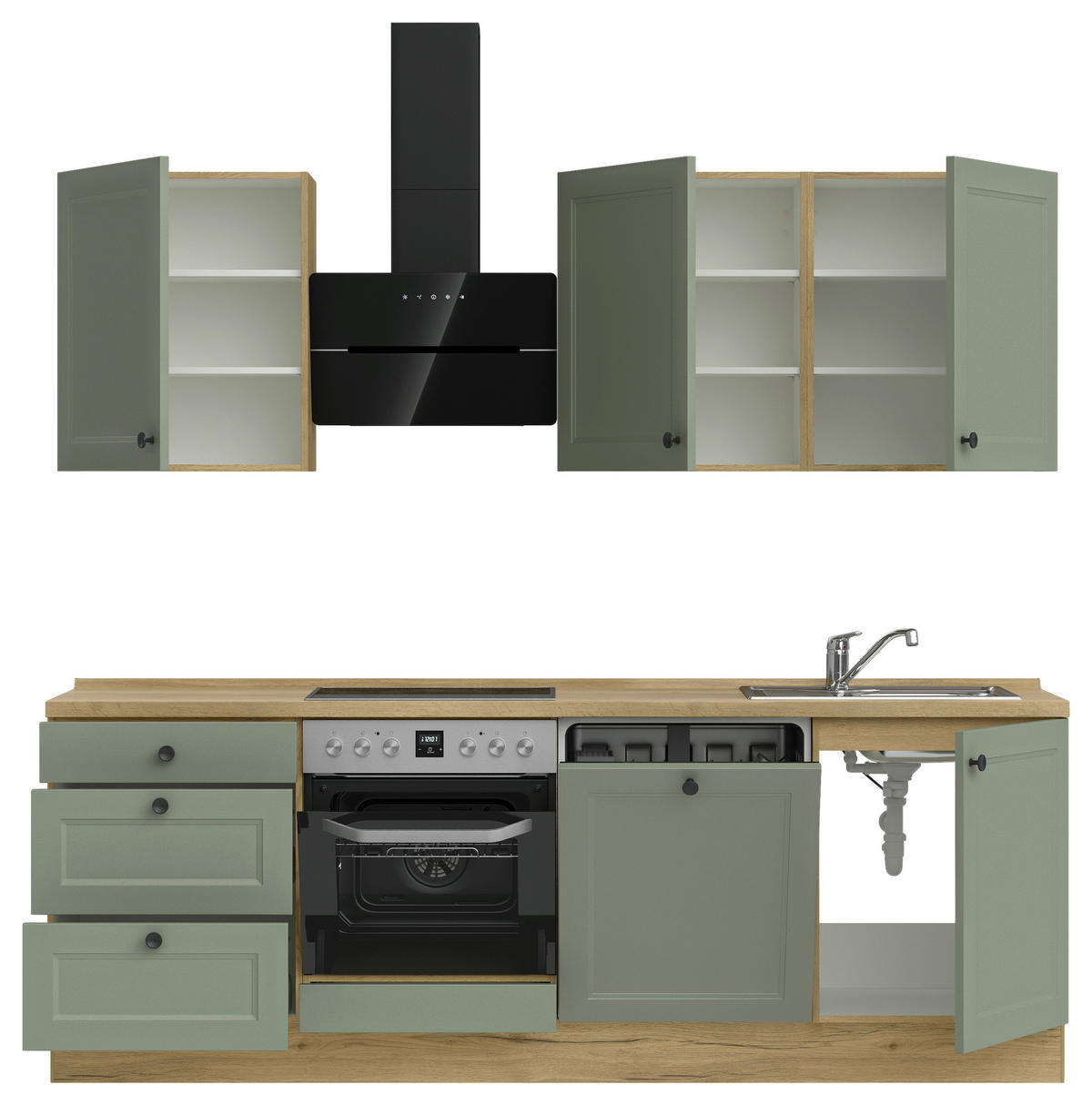 KÜCHENLEERBLOCK 240 cm   in Grün, Eichefarben  - Eichefarben/Schwarz, MODERN, Holzwerkstoff/Metall (240cm) - Nobilia