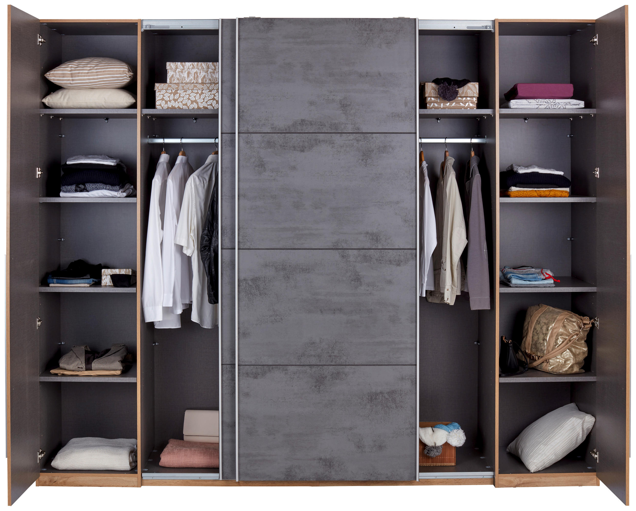 SCHWEBETÜRENSCHRANK 267/226/60 cm 4-türig Graphitfarben, Eichefarben  - Eichefarben/Alufarben, MODERN, Kunststoff/Metall (267/226/60cm) - MID.YOU