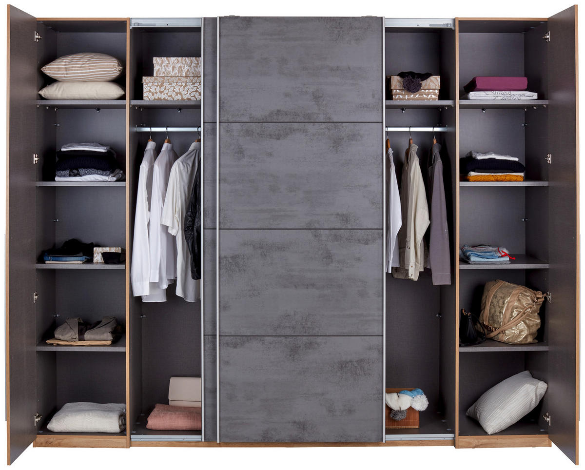 SCHWEBETÜRENSCHRANK 267/226/60 cm 4-türig Graphitfarben, Eichefarben  - Eichefarben/Alufarben, MODERN, Kunststoff/Metall (267/226/60cm) - MID.YOU