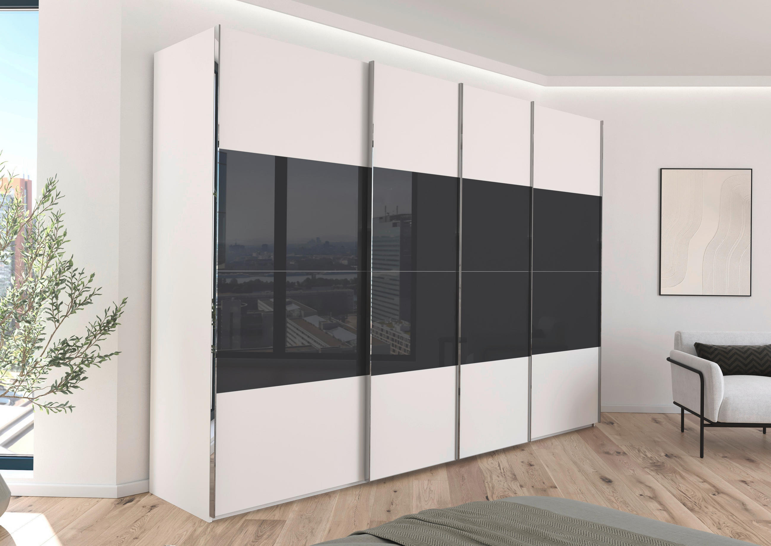 SCHWEBETÜRENSCHRANK 316/223/68 cm 4-türig Weiß, Schwarz  - Chromfarben/Schwarz, KONVENTIONELL, Glas/Holzwerkstoff (316/223/68cm) - Novel