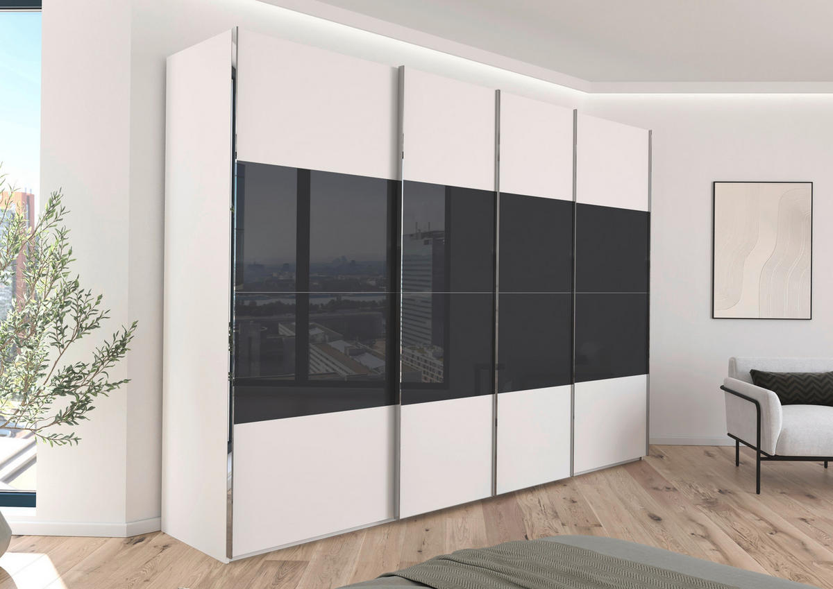 SCHWEBETÜRENSCHRANK 316/223/68 cm 4-türig Weiß, Schwarz  - Chromfarben/Schwarz, KONVENTIONELL, Glas/Holzwerkstoff (316/223/68cm) - Novel