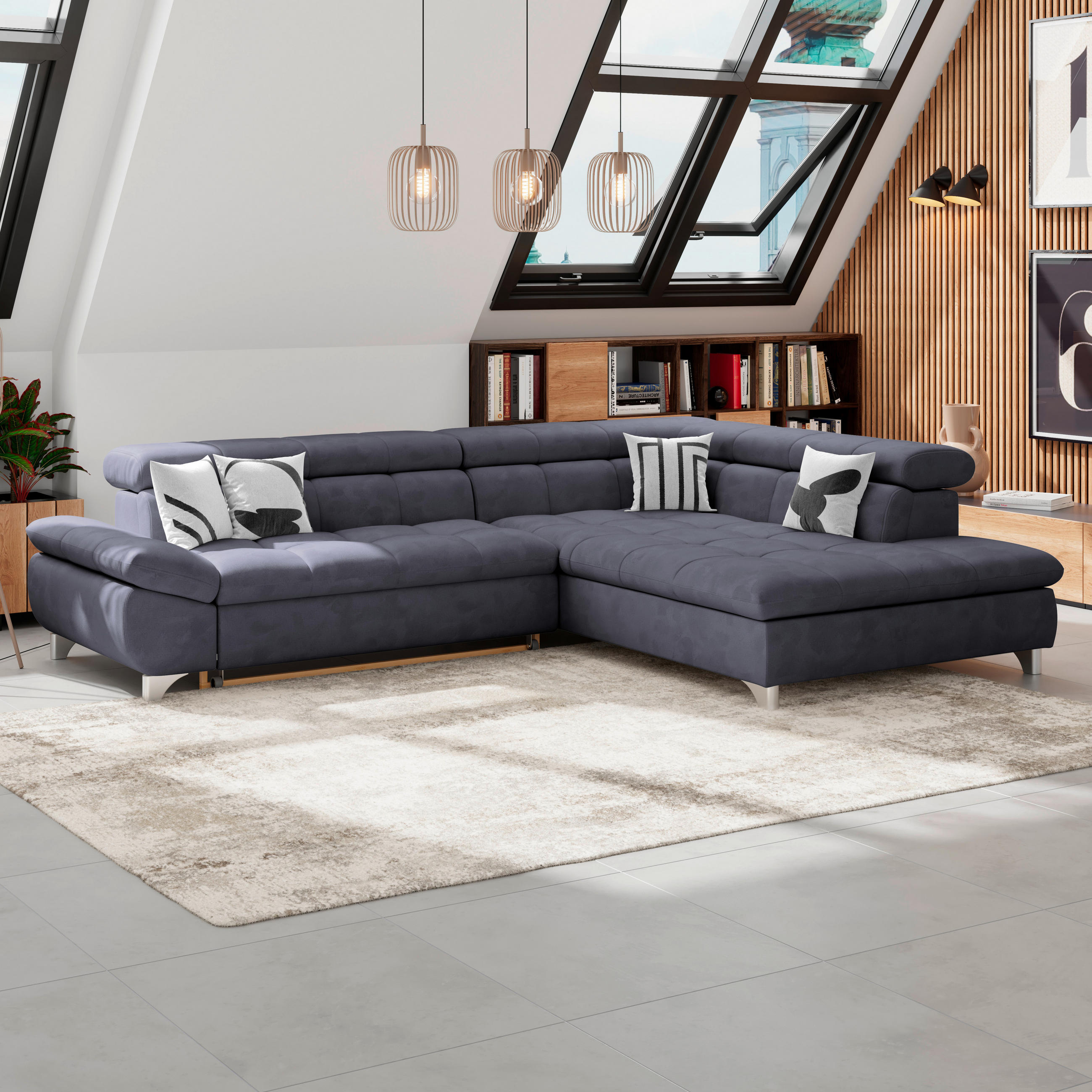 ECKSOFA Dunkelblau Chenille  - Chromfarben/Dunkelblau, KONVENTIONELL, Textil/Metall (312/234cm) - Livetastic