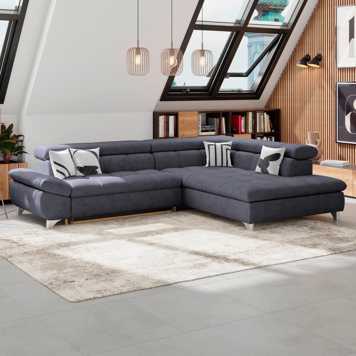 ECKSOFA Dunkelblau Chenille  - Chromfarben/Dunkelblau, KONVENTIONELL, Textil/Metall (312/234cm) - Livetastic