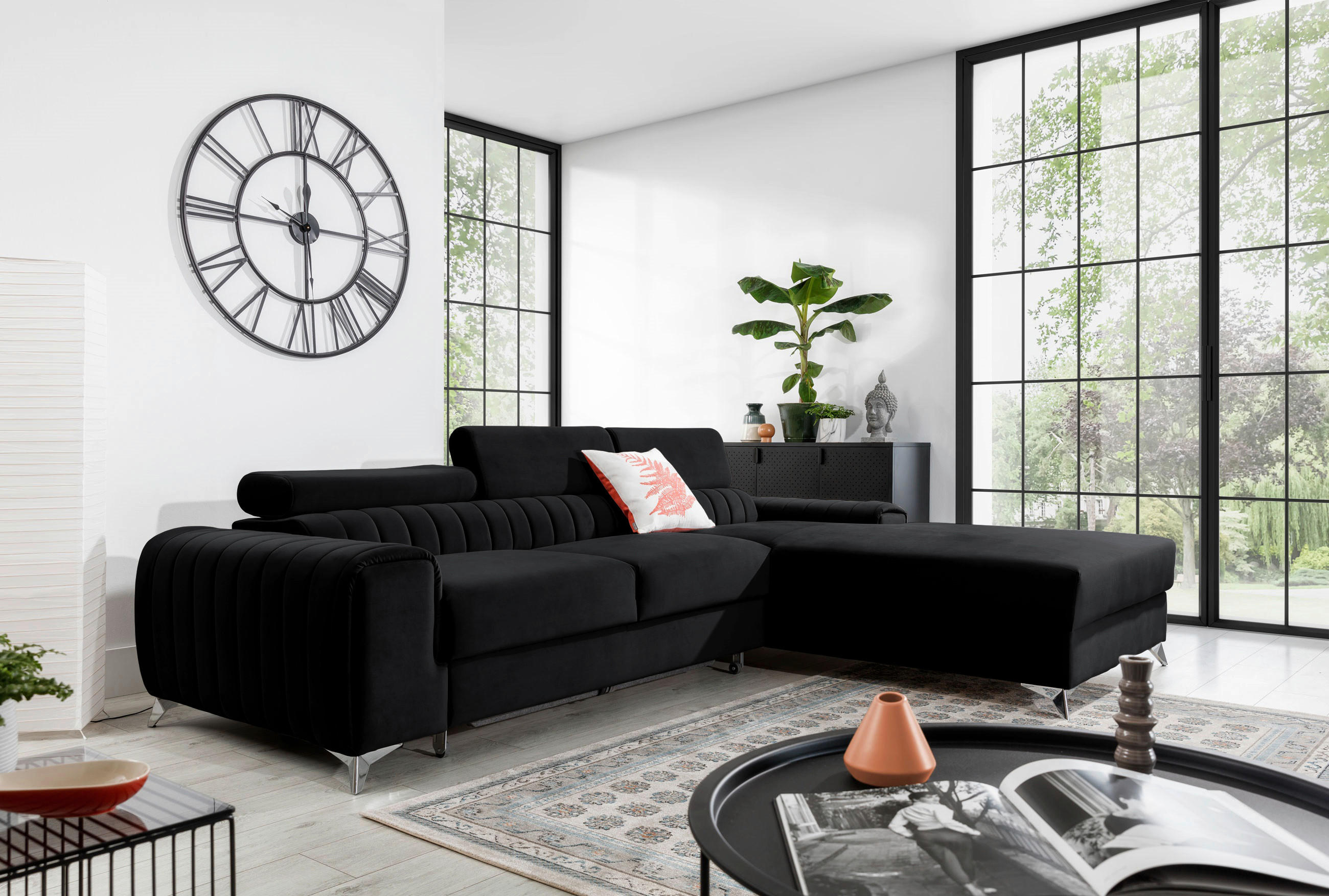 ECKSOFA in Samt Schwarz  278/205 cm  - Silberfarben/Schwarz, Design, Textil/Metall (278/205cm) - MID.YOU