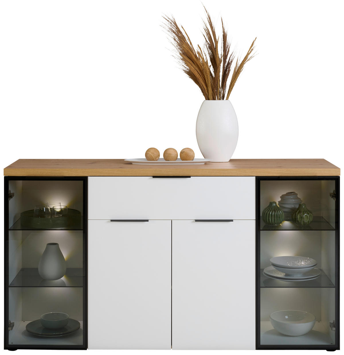 SIDEBOARD Weiss, Eiche Artisan  160/90/43 cm  - Weiss/Eichefarben, Design, Glas/Holzwerkstoff (160/90/43cm) - Stylife