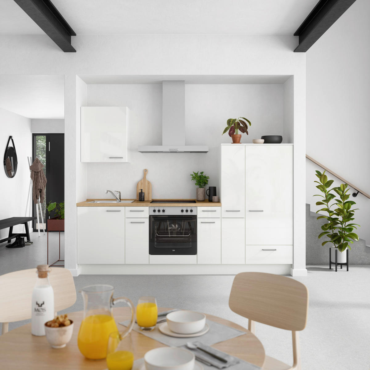 KÜCHENLEERBLOCK 270 cm   in Eichefarben, Weiß Hochglanz  - Edelstahlfarben/Eichefarben, MODERN, Holzwerkstoff/Metall (270cm) - Nobilia