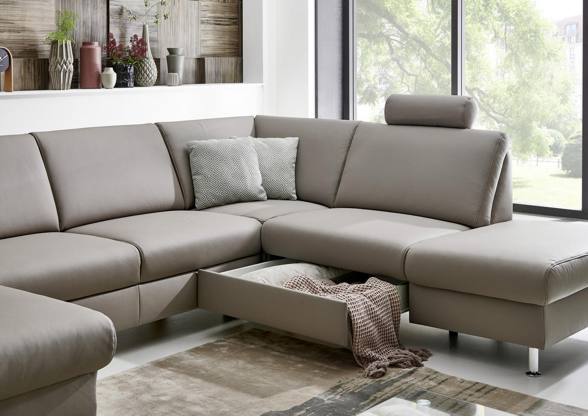 WOHNLANDSCHAFT in Echtleder Hellgrau  - Hellgrau/Alufarben, Design, Leder/Metall (165/339/233cm) - Beldomo Premium