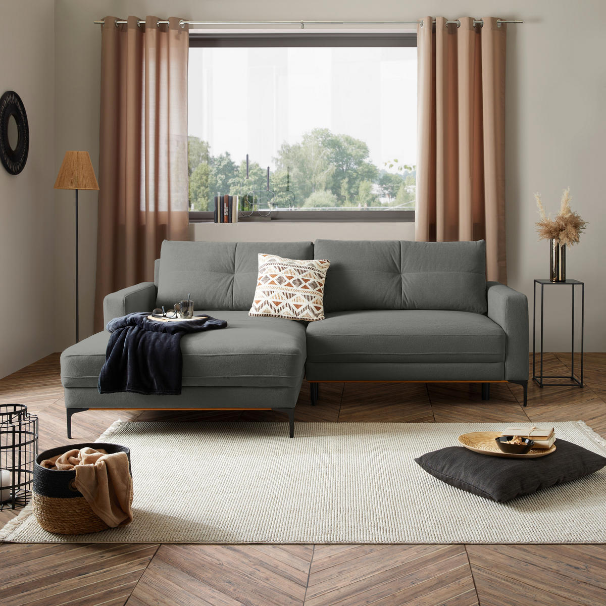 ECKSOFA Dunkelgrau  - Dunkelgrau/Schwarz, MODERN, Textil/Metall (162/238cm) - Ondega