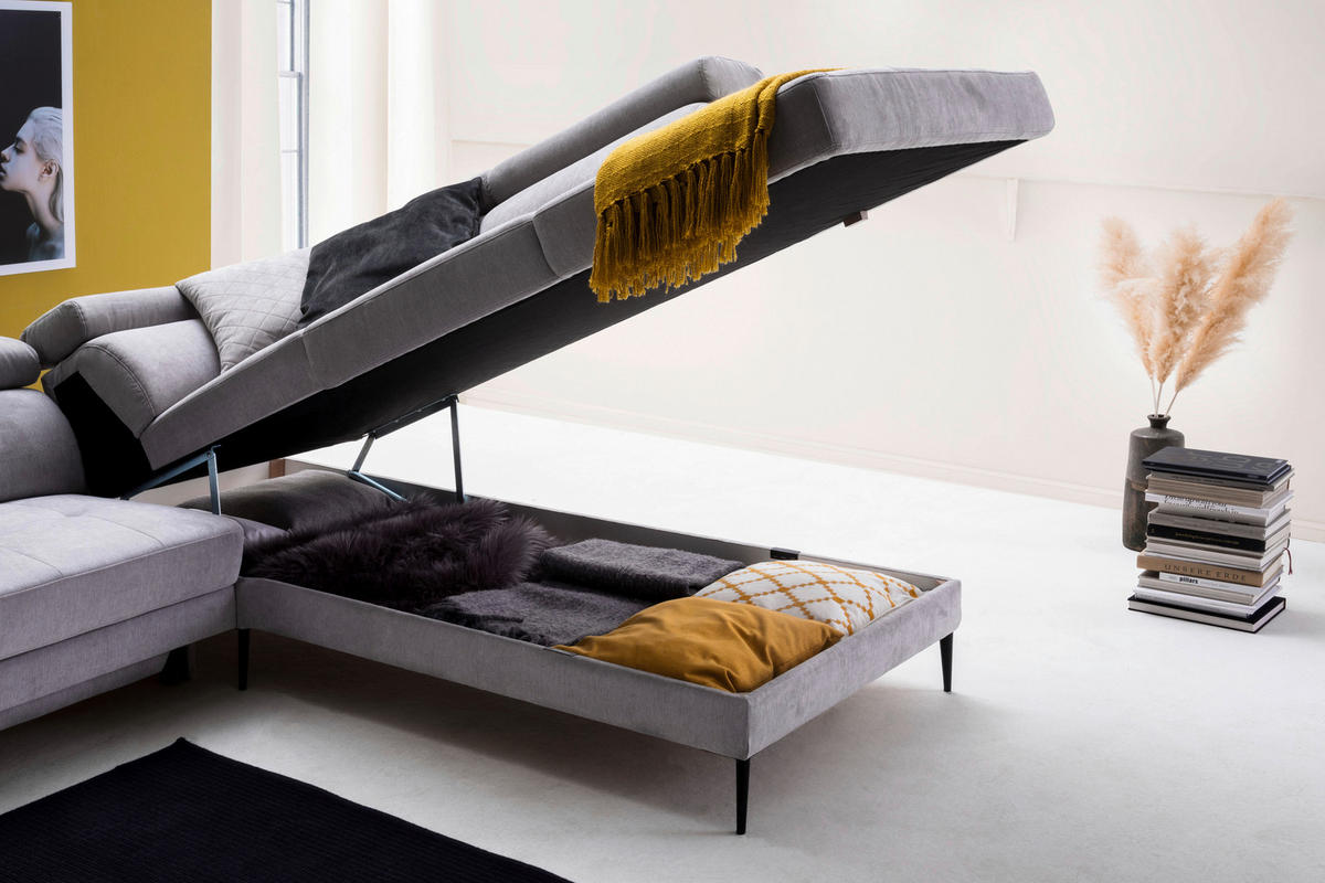 ECKSOFA Grau Velours  - Schwarz/Grau, Design, Textil/Metall (262/236cm) - Hom`in