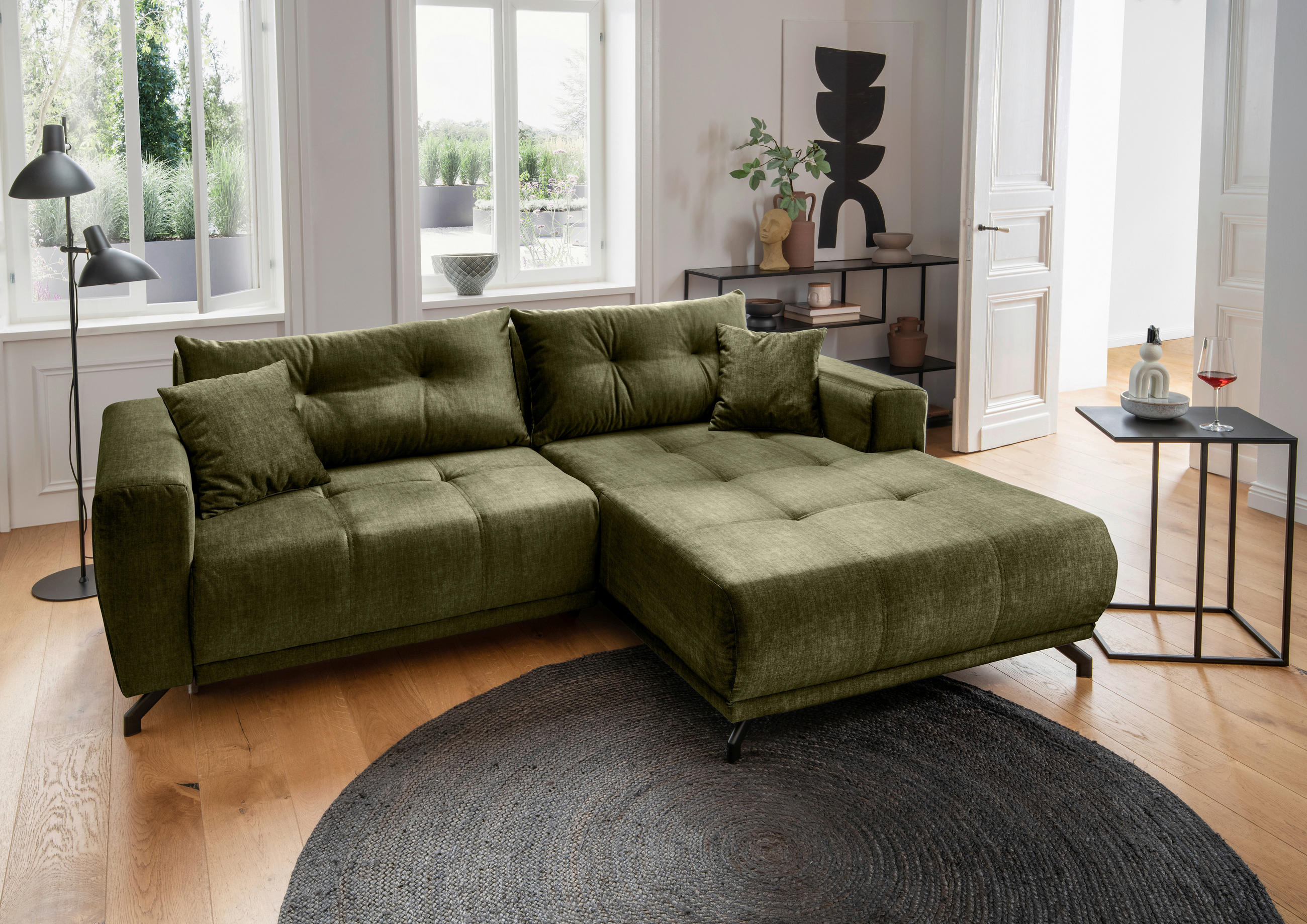ECKSOFA in Velours Grün  - Schwarz/Grün, Modern, Textil/Metall (246/177cm) - MID.YOU