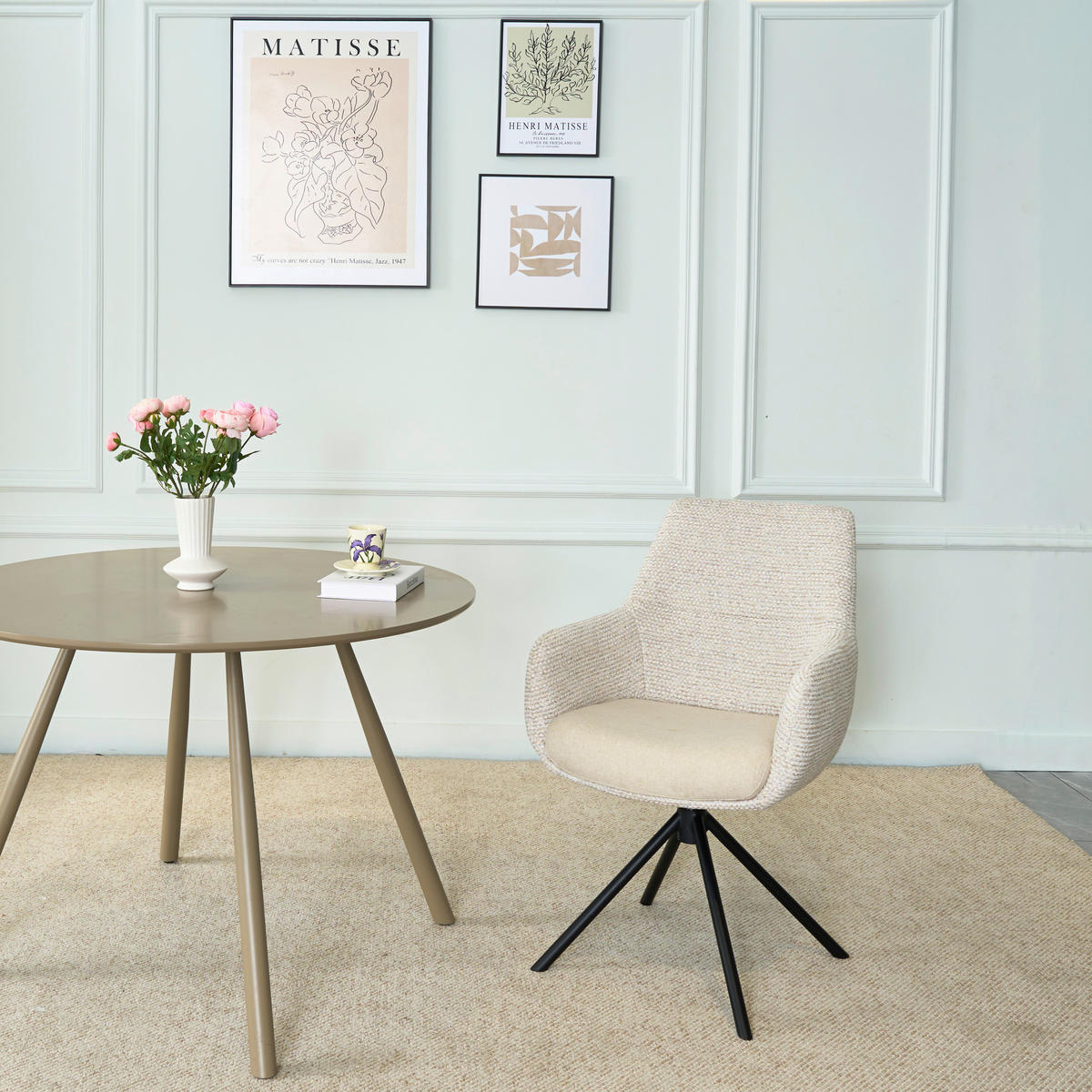 ARMLEHNSTUHL  Stoffauswahl, Sitzfläche 360° drehbar Webstoff  - Beige/Schwarz, Design, Textil/Metall (59/91/69cm) - Novel