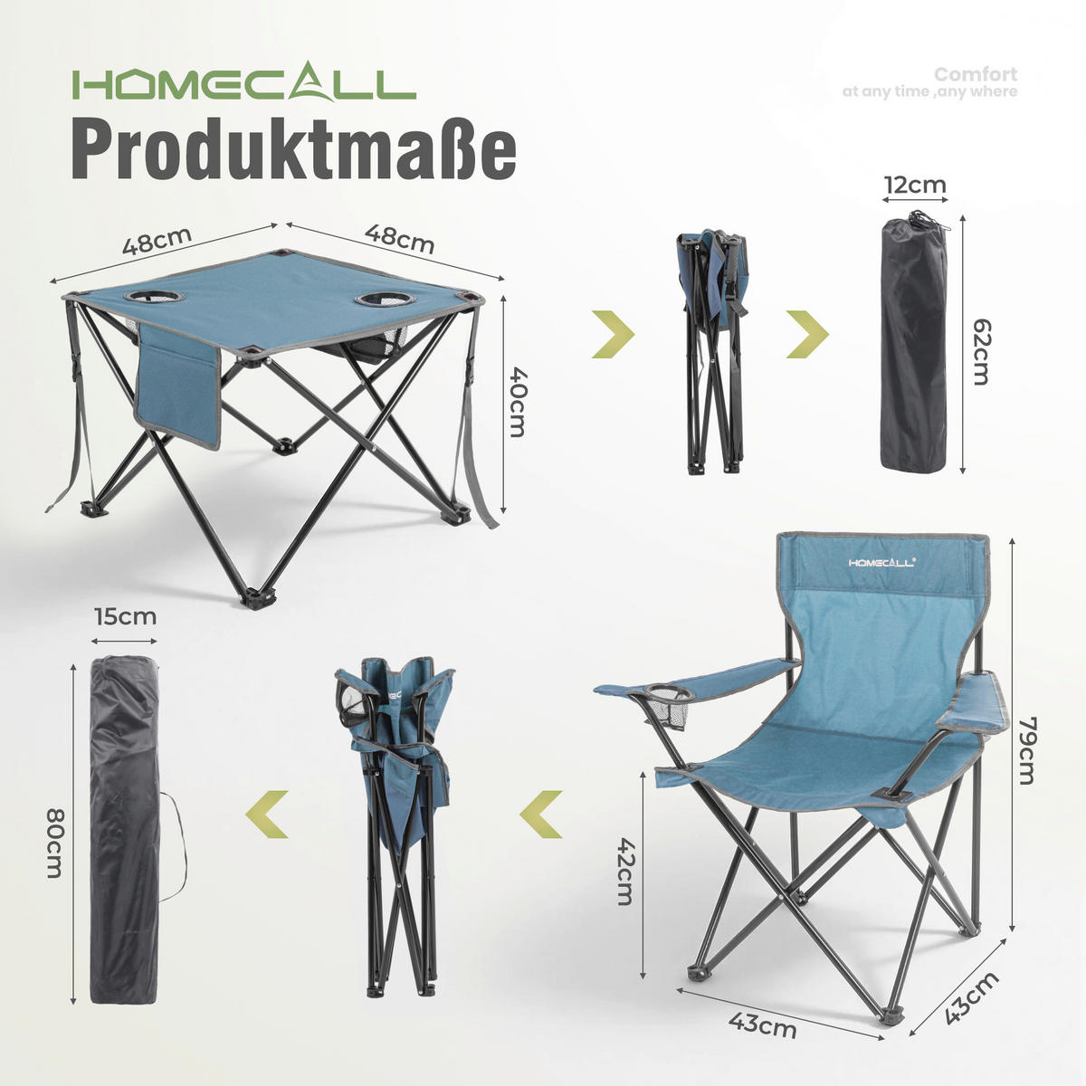 CAMPINGGARNITUR - Blau, Basics, Textil/Metall (43/79/43cm) - Modante