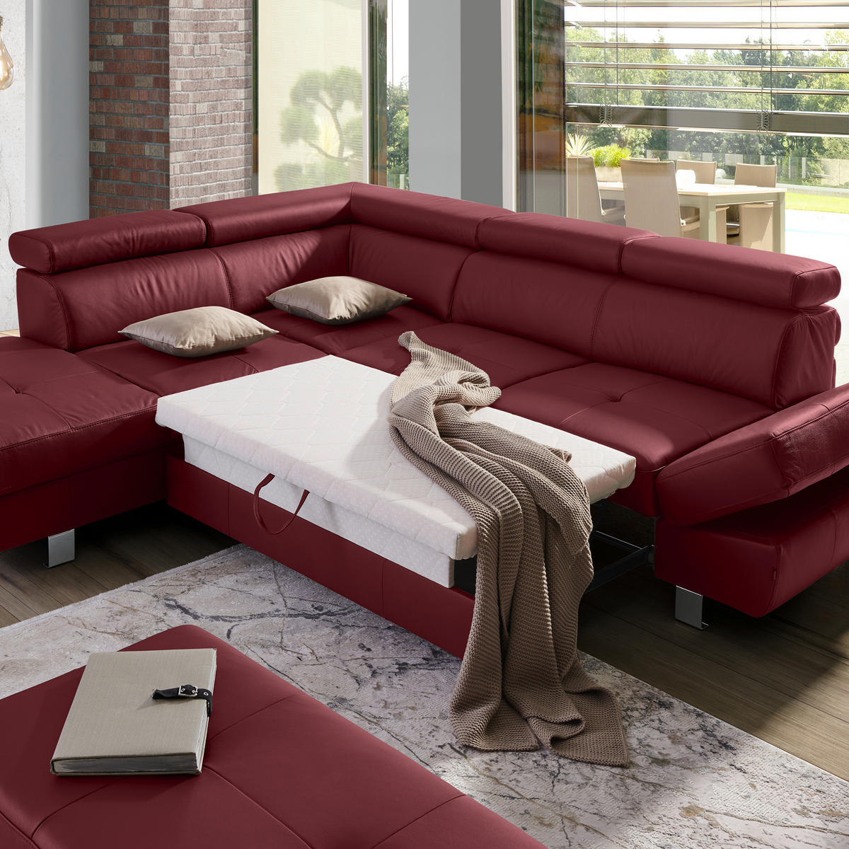 Ecksofa inkl. Funktion Bordeaux Kombination Echtleder/Lederlook Lederlook  - Chromfarben/Bordeaux, Design, Leder/Textil (212/256cm) - Stylife