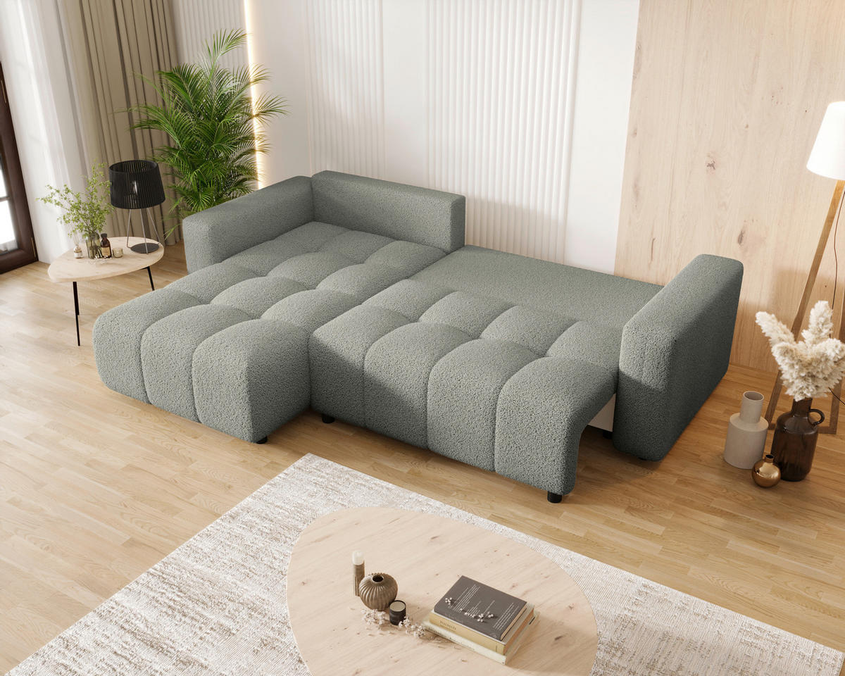 ECKSOFA Hellgrau Bouclé Zierkissen, Rückenkissen, Bettkasten, Schlaffunktion, Rücken echt, Liegefläche im Originalstoff  - Hellgrau/Schwarz, MODERN, Kunststoff/Textil (190/280cm) - Carryhome