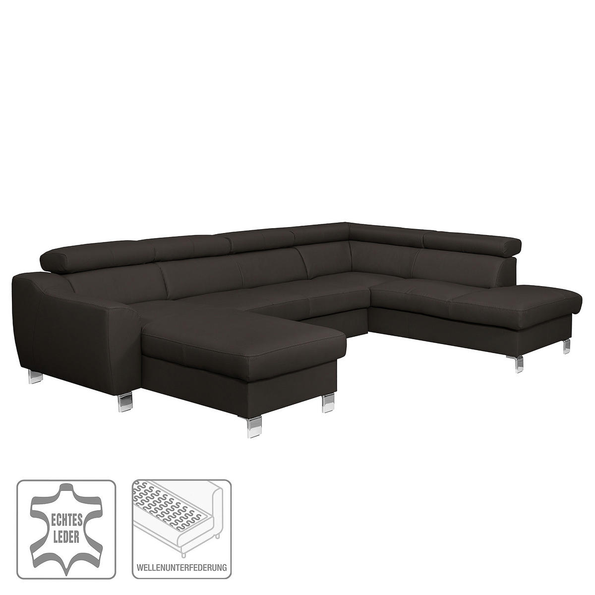 WOHNLANDSCHAFT in Lederlook Echtleder Dunkelbraun  - Chromfarben/Dunkelbraun, Design, Leder/Textil (175/315/208cm) - Livetastic
