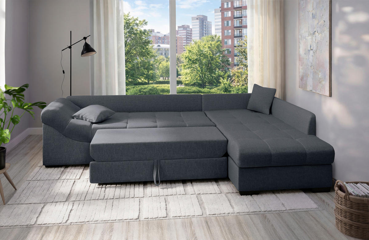 ECKSCHLAFSOFA Alvito Anthrazit Mikrofaser  - Anthrazit/Schwarz, MODERN, Holz/Textil (298/202cm) - MID.YOU