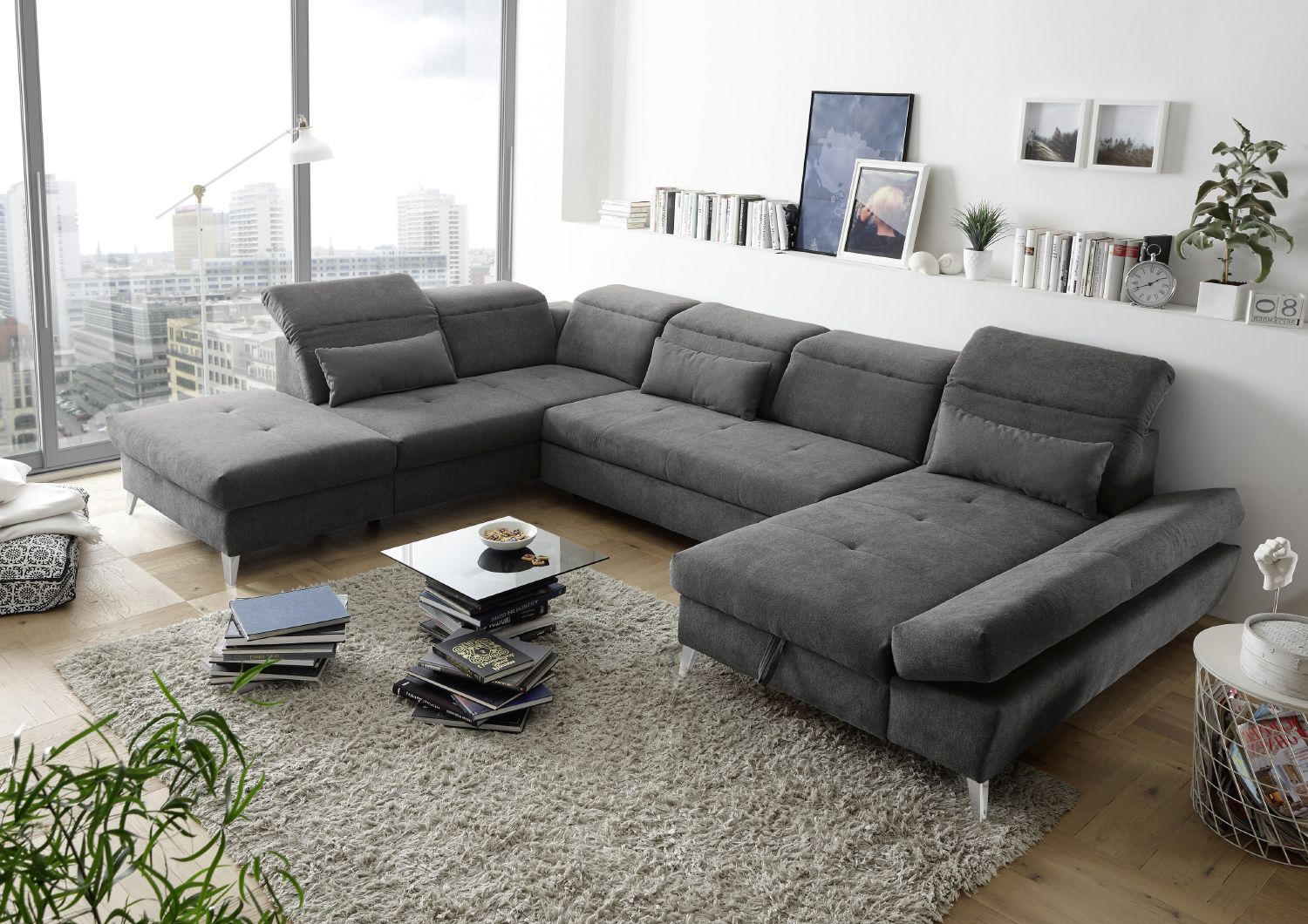 SEDEŽNA GARNITURA, mikrovelur siva - barve kroma/siva, Design, umetna masa/tekstil (245/73-96/350cm) - Hom`in