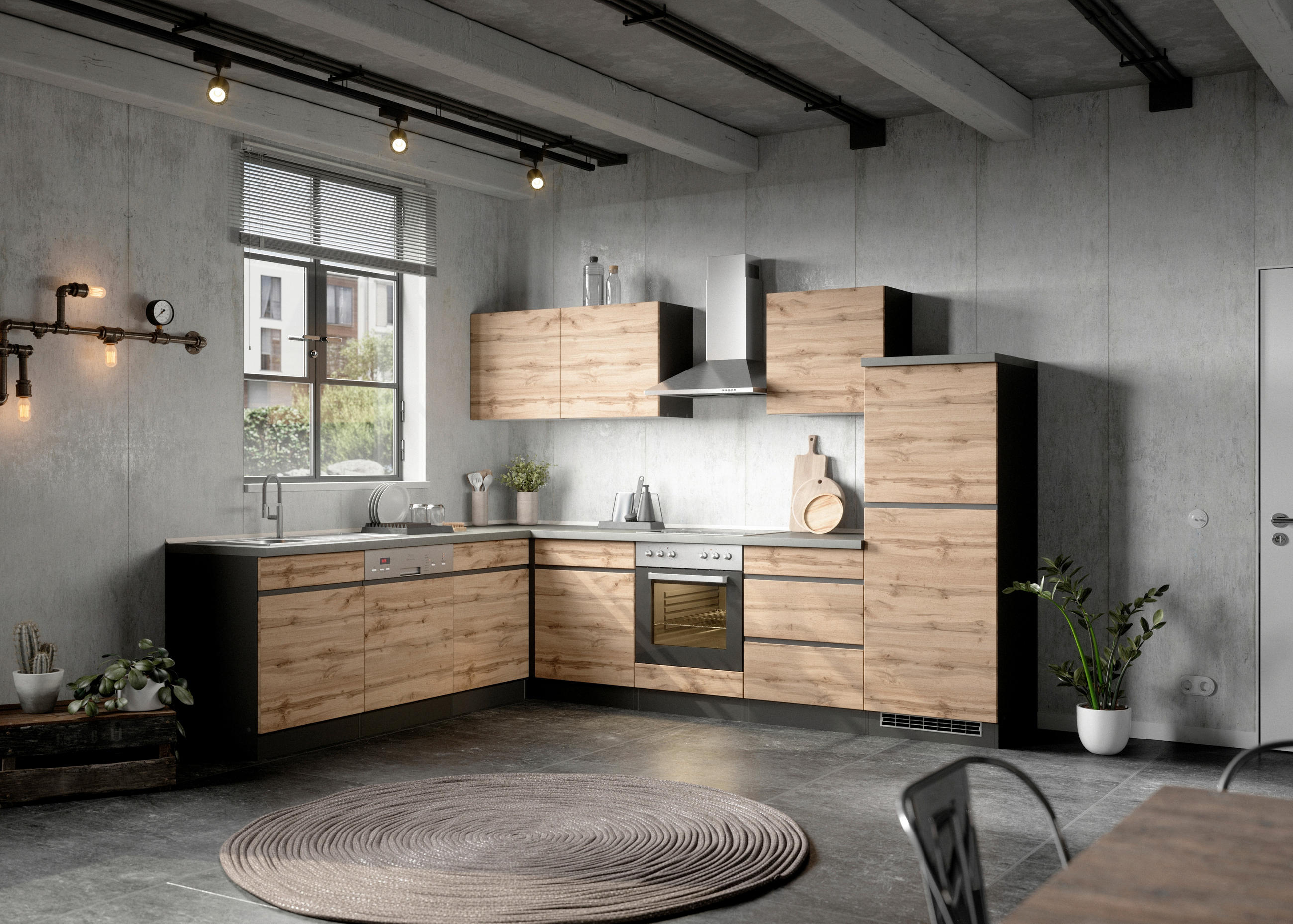 ECKKÜCHE 240/300 cm  in Graphitfarben, Eiche Wotan  - Eiche Wotan/Graphitfarben, Design, Holzwerkstoff (240/300cm) - Held