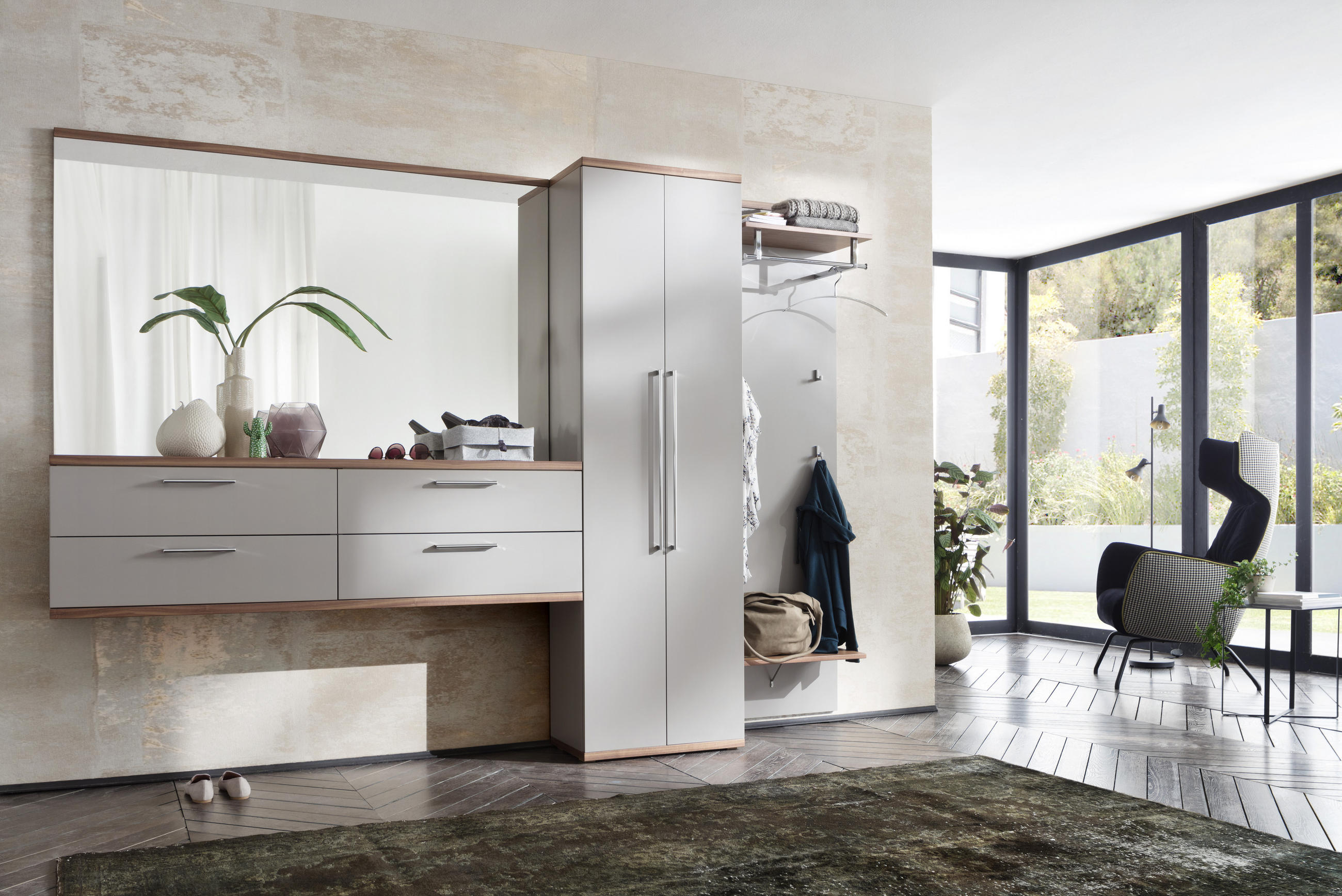 GARDEROBE Grau, Nussbaumfarben - Nussbaumfarben/Grau, Design, Glas/Holz (281/201/35cm) - Cassando