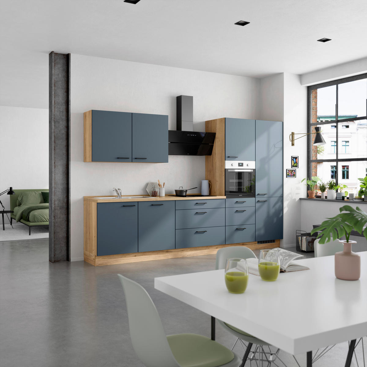KÜCHENBLOCK Easytouch 330 cm  in Eichefarben, Dunkelblau  - Eichefarben/Schwarz, MODERN, Holzwerkstoff/Metall (330cm) - Nobilia