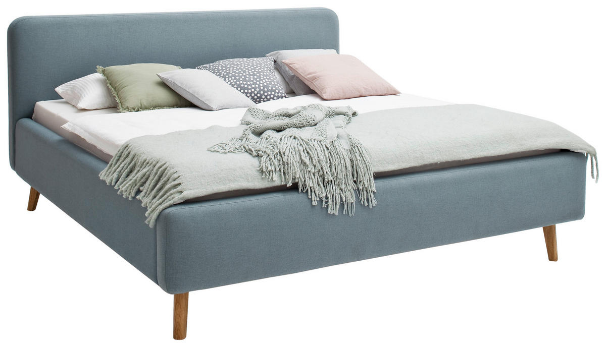 KÁRPITOZOTT ÁGY 160/200 cm  világoskék  - világoskék/tölgyfa, Design, textil/fa (160/200cm) - Livetastic