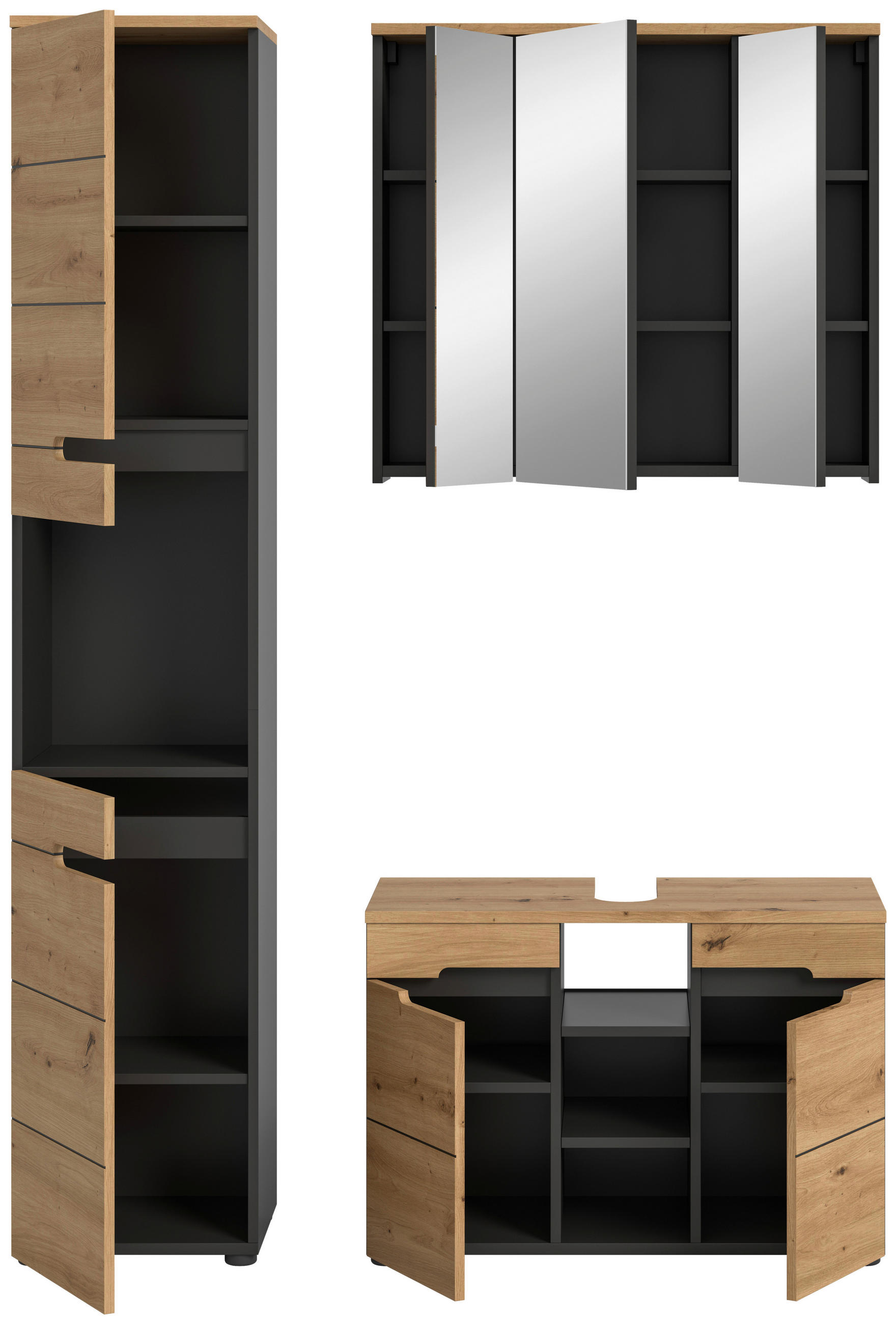 Thumbnail - Mid.you Badezimmer, Eiche Artisan, Glas, Holzwerkstoff, 3-teilig, 11 Fächer, 118 cm, FSC Mix, stehend, Badezimmer, Badmö...
