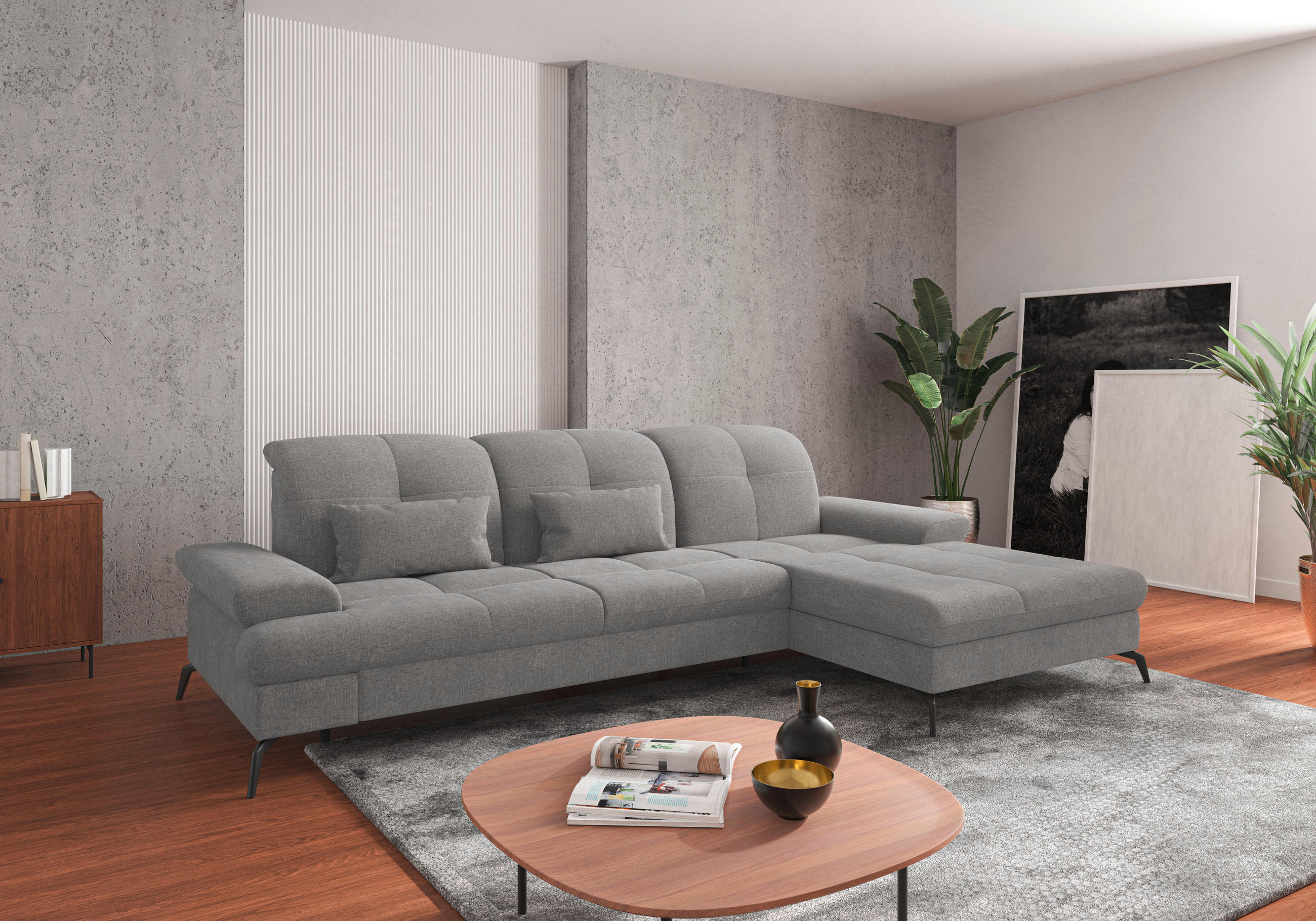 ECKSOFA Hellgrau Flachgewebe  - Hellgrau/Schwarz, KONVENTIONELL, Textil/Metall (279/185cm) - Sit & More