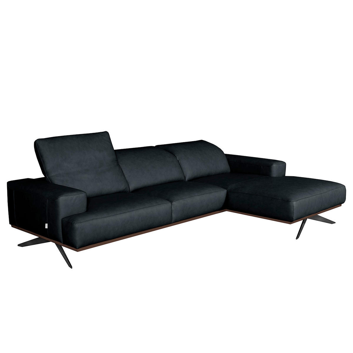 ECKSOFA  in Echtleder Blau Rücken echt, Kopfteilverstellung  295/187 cm  - Blau/Schwarz, Design, Leder/Metall (295/187cm) - Livetastic